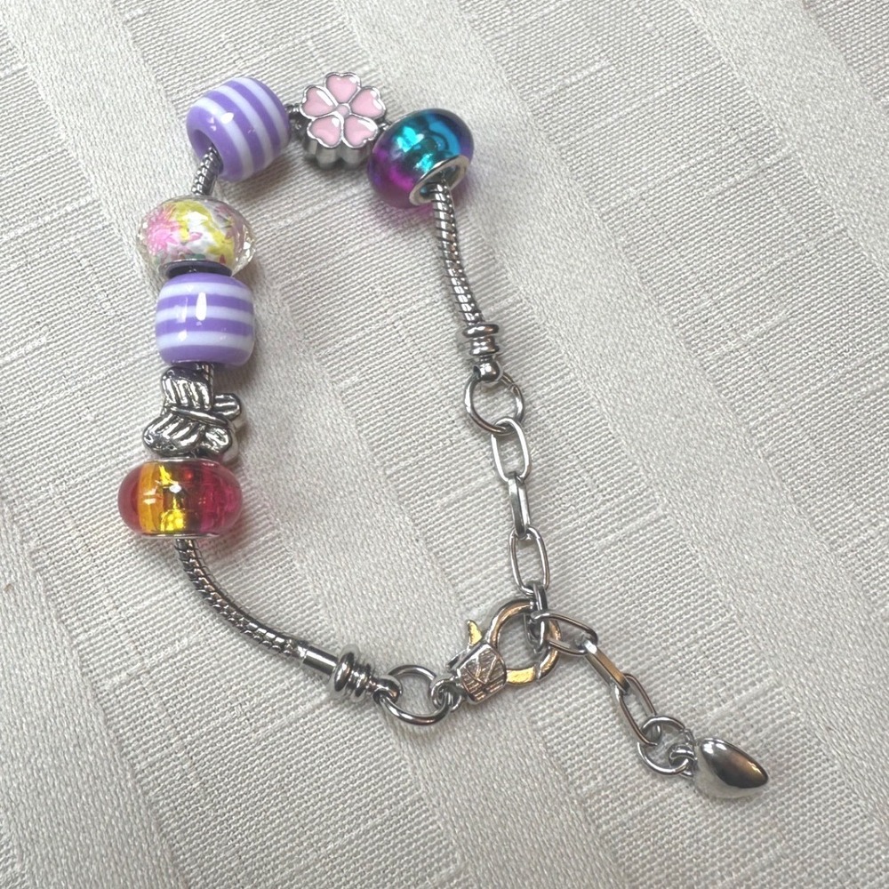 Silver Tone Snake Chain Charm Bracelet Multicolor Glass Butterfly Flower Beads